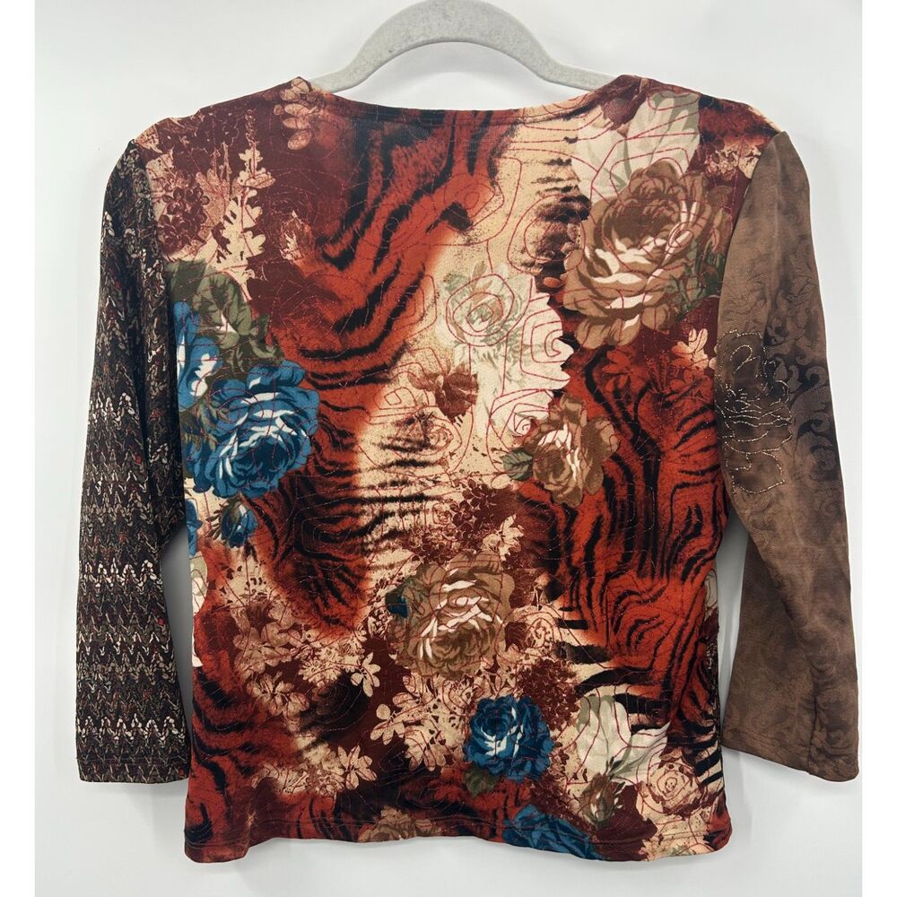 Vintage Y2K Hippie Abstract Shirt M Made in USA Stretch 3/4 Sleeve Embellished - Picture 4 of 5